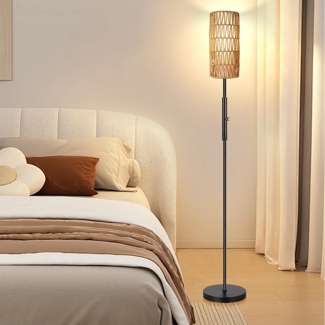 Alt view image 7 of 7 - Boho Floor Lamp for Living Room with 3 Color Temperatures LED Bulb, Standing Lamp Tall Lamp Reading for Bedroom, Office, Kids Room (9W LED Bulb, Rattan & Fabric Shades Included)