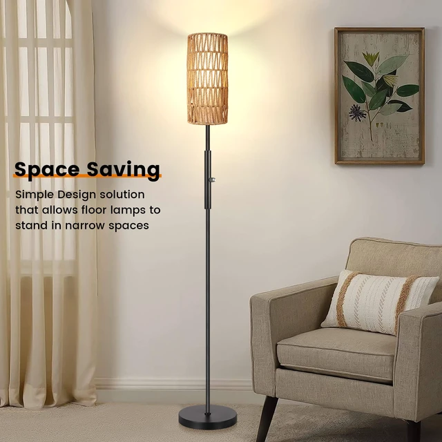 Alt view image 6 of 7 - Boho Floor Lamp for Living Room with 3 Color Temperatures LED Bulb, Standing Lamp Tall Lamp Reading for Bedroom, Office, Kids Room (9W LED Bulb, Rattan & Fabric Shades Included)