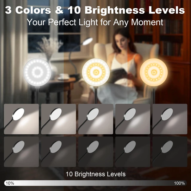 Alt view image 2 of 7 - Rechargeable Clip on Light for Bed, 61 LED Cordless Reading Lamp with 3 Color Modes & 10 Brightness Levels, Portable and Flexible Book Light Clamp on Office Desk Bunk Bed Dorm Headboard (Black/3.5'')