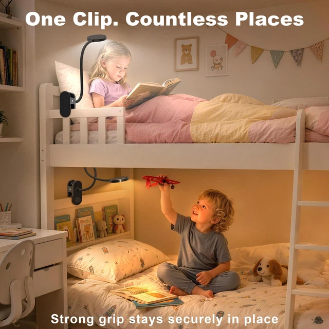 Alt view image 5 of 7 - Rechargeable Clip on Light for Bed, 61 LED Cordless Reading Lamp with 3 Color Modes & 10 Brightness Levels, Portable and Flexible Book Light Clamp on Office Desk Bunk Bed Dorm Headboard (Black/3.5'')