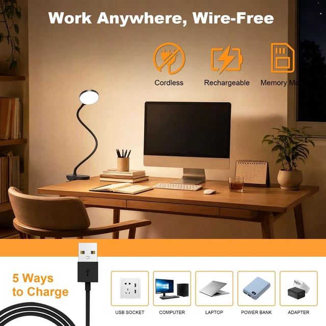 Alt view image 7 of 7 - Rechargeable Clip on Light for Bed, 61 LED Cordless Reading Lamp with 3 Color Modes & 10 Brightness Levels, Portable and Flexible Book Light Clamp on Office Desk Bunk Bed Dorm Headboard (Black/3.5'')