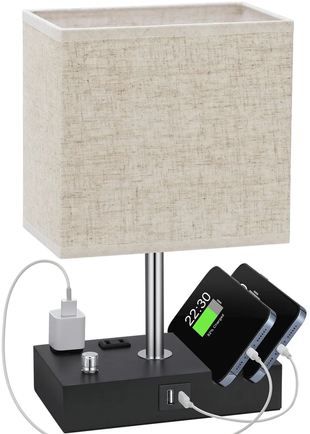 Main image of Beige Table Lamp for Bedroom - Stepless Dimmable, USB C+A, 2 AC Outlets Dimming By Rotary Knob, USB C+A Ports, 2 Phone Stands, LED Bulbs Included, Rectangle Beige Lampshade, for Living Room, Desk