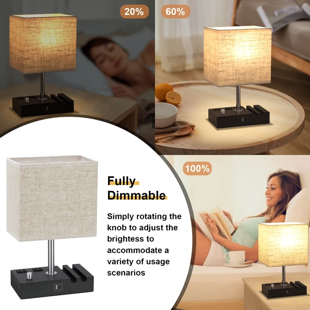 Alt view image 2 of 7 - Beige Table Lamp for Bedroom - Stepless Dimmable, USB C+A, 2 AC Outlets Dimming By Rotary Knob, USB C+A Ports, 2 Phone Stands, LED Bulbs Included, Rectangle Beige Lampshade, for Living Room, Desk