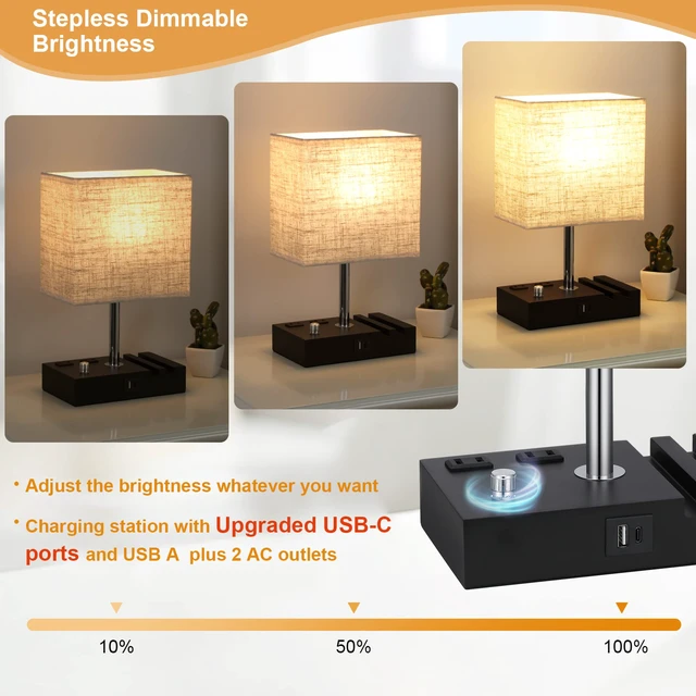 Alt view image 3 of 7 - Beige Table Lamp for Bedroom - Stepless Dimmable, USB C+A, 2 AC Outlets Dimming By Rotary Knob, USB C+A Ports, 2 Phone Stands, LED Bulbs Included, Rectangle Beige Lampshade, for Living Room, Desk