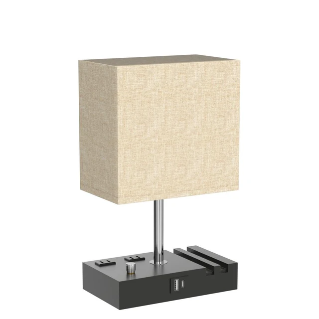 Alt view image 4 of 7 - Beige Table Lamp for Bedroom - Stepless Dimmable, USB C+A, 2 AC Outlets Dimming By Rotary Knob, USB C+A Ports, 2 Phone Stands, LED Bulbs Included, Rectangle Beige Lampshade, for Living Room, Desk