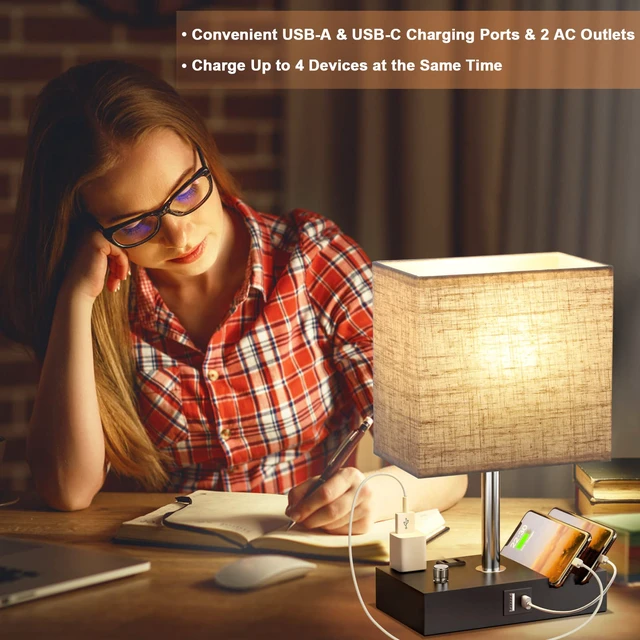 Alt view image 5 of 7 - Beige Table Lamp for Bedroom - Stepless Dimmable, USB C+A, 2 AC Outlets Dimming By Rotary Knob, USB C+A Ports, 2 Phone Stands, LED Bulbs Included, Rectangle Beige Lampshade, for Living Room, Desk