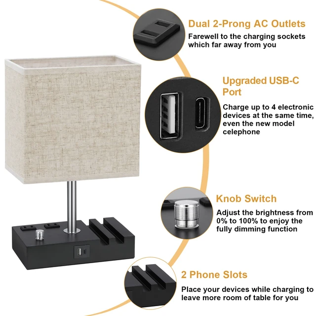 Alt view image 6 of 7 - Beige Table Lamp for Bedroom - Stepless Dimmable, USB C+A, 2 AC Outlets Dimming By Rotary Knob, USB C+A Ports, 2 Phone Stands, LED Bulbs Included, Rectangle Beige Lampshade, for Living Room, Desk