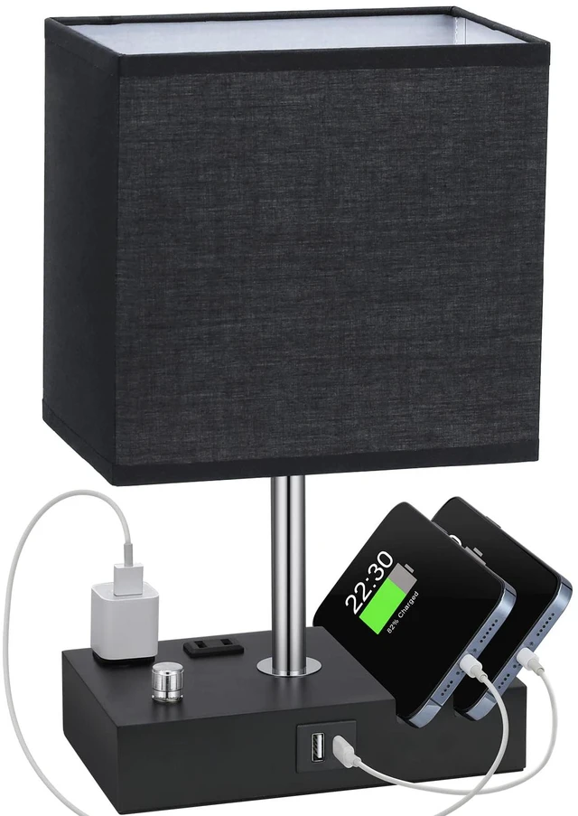 Main image of Black Table Lamp for Bedroom - Stepless Dimmable, USB C+A, 2 AC Outlets Dimming By Rotary Knob, USB C+A Ports, 2 Phone Stands, LED Bulbs Included, Rectangle Black Lampshade, for Living Room, Desk