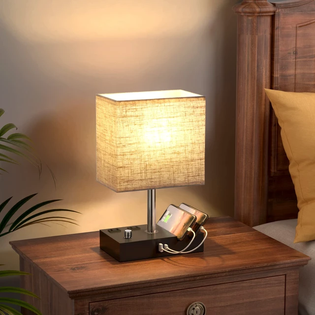 Alt view image 7 of 7 - Beige Table Lamp for Bedroom - Stepless Dimmable, USB C+A, 2 AC Outlets Dimming By Rotary Knob, USB C+A Ports, 2 Phone Stands, LED Bulbs Included, Rectangle Beige Lampshade, for Living Room, Desk