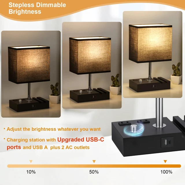 Alt view image 2 of 7 - Black Table Lamp for Bedroom - Stepless Dimmable, USB C+A, 2 AC Outlets Dimming By Rotary Knob, USB C+A Ports, 2 Phone Stands, LED Bulbs Included, Rectangle Black Lampshade, for Living Room, Desk