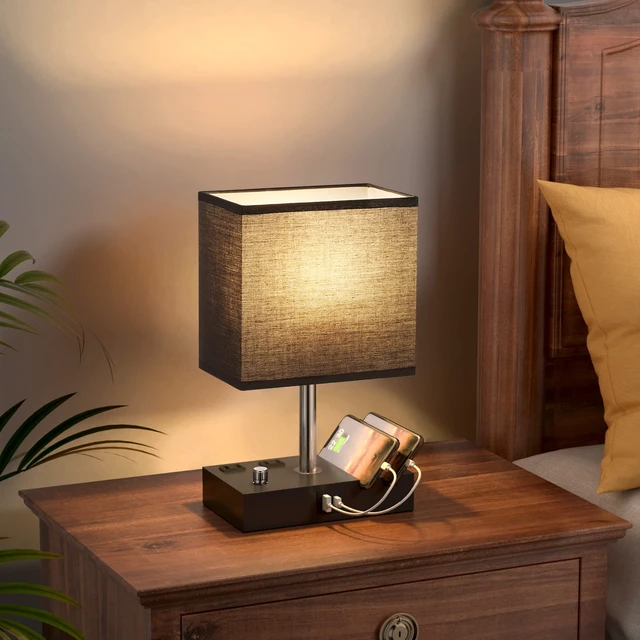 Alt view image 5 of 7 - Black Table Lamp for Bedroom - Stepless Dimmable, USB C+A, 2 AC Outlets Dimming By Rotary Knob, USB C+A Ports, 2 Phone Stands, LED Bulbs Included, Rectangle Black Lampshade, for Living Room, Desk