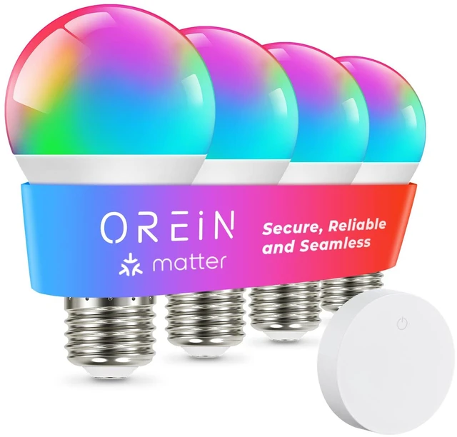 Main image of Matter Smart Light Bulb, A19 RGBTW Color Changing, 4 Pack with Remote 800lm 60W Equivalent Alexa Light Bulbs Works with Alexa/Apple Home/ Google Home/SmartThingsE26 Base 2.4Ghz WiFi led Bulbs