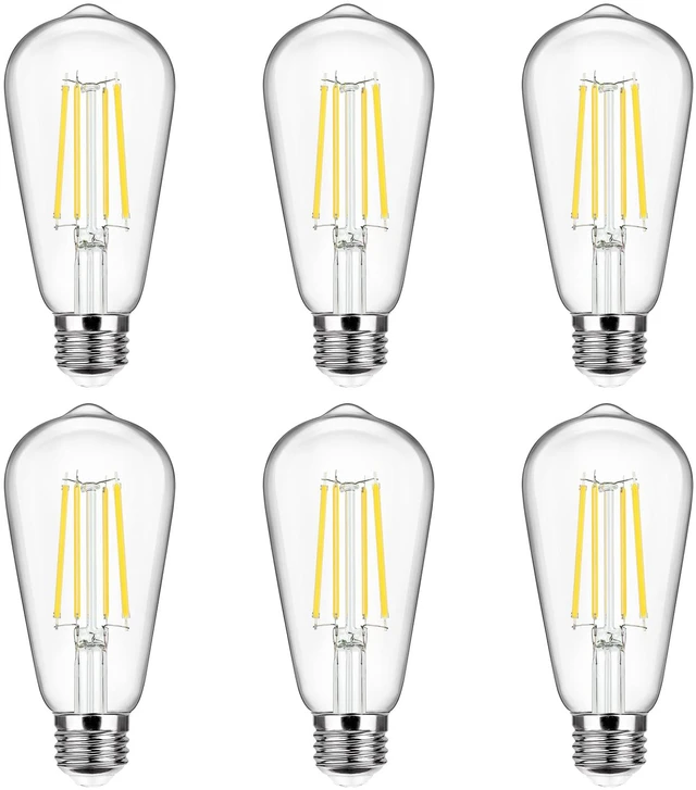 Main image of 6-Pack Vintage LED Edsion Bulbs 100W Equivalent, E26 Base Bulb 8W 5000K Non-dimmable, 1400LM High Brightness, LED Filament, High CRI, Medium Base, Antique Decorative Clear Glass
