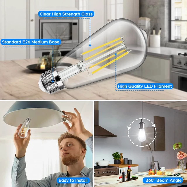 Alt view image 3 of 7 - 6-Pack Vintage LED Edsion Bulbs 100W Equivalent, E26 Base Bulb 8W 5000K Non-dimmable, 1400LM High Brightness, LED Filament, High CRI, Medium Base, Antique Decorative Clear Glass