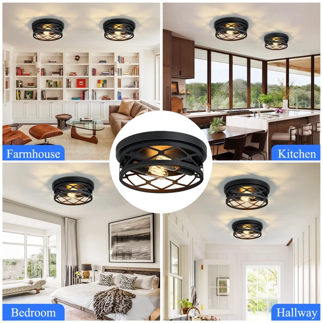 Alt view image 5 of 7 - Flush Mount Ceiling Light Fixture for Hallway,2-Light Black Hallway Light Fixtures Ceiling,Light Fixtures Ceiling Mount for Kitchen,Farmhouse,Hall (2 Pack)