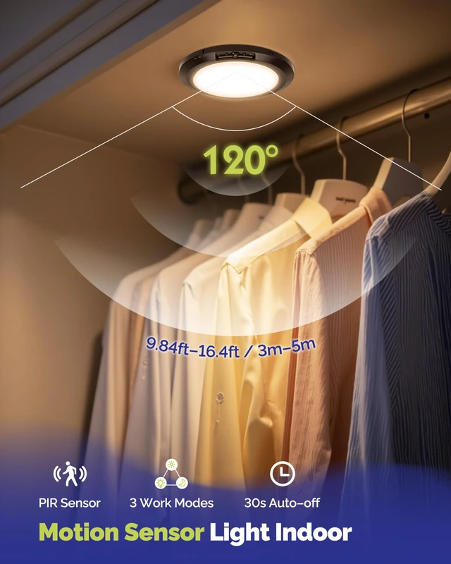 Alt view image 4 of 7 - 10000mAh Rechargeable Ceiling Light Black Waterproof Shower Lights Wireless Motion Sensor Light Indoor 3000K/4000K/6000K Dimmable, Magnetic LED Lights with Remote No Wiring for Closet Bathroom