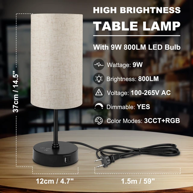 Alt view image 5 of 7 - Table Lamp Set of 2, 3 CCT 3000K/4500K/6500K & RGB Color Changing, Stepless Dimmable Small Bedside Lamp for Reading, Ambience Nightstand Light for Home Decor Party, Beige Shade