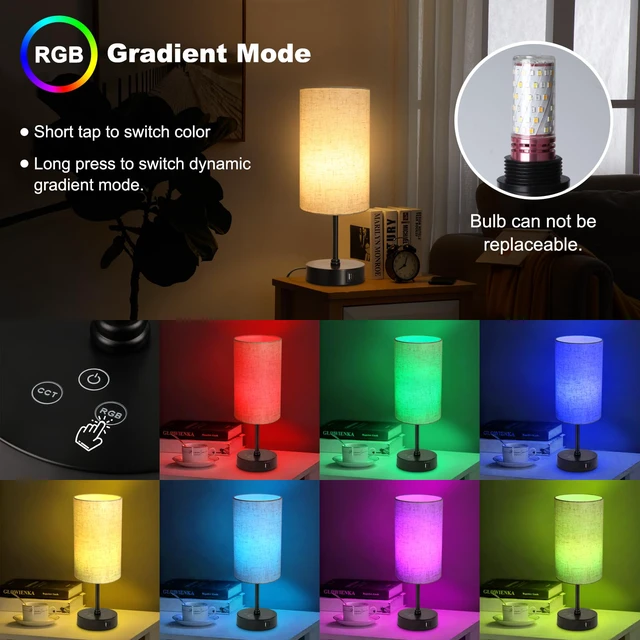 Alt view image 3 of 7 - Table Lamp Set of 2, 3 CCT 3000K/4500K/6500K & RGB Color Changing, Stepless Dimmable Small Bedside Lamp for Reading, Ambience Nightstand Light for Home Decor Party, Beige Shade