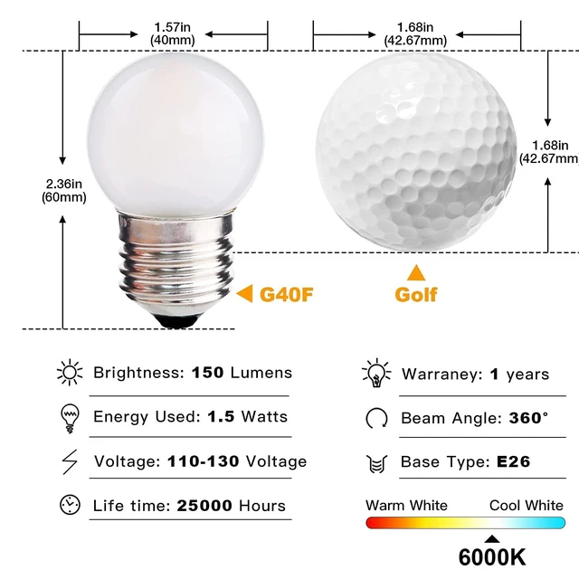 Alt view image 2 of 7 - G40 1.5w Dim Led Bulb Equal 15 Watt Light Bulbs Bright White 6000k Standard E26 Base Frosted Glass for Home Decorative, Fridge Freezer Lamp,String Light CRI 90+, 150lm,4 Pack