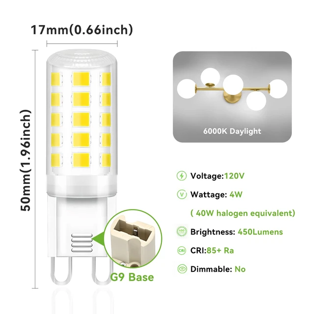 Alt view image 2 of 7 - 12 Pack G9 LED Bulb 4W, 40 Watt Equivalent Halogen Bulb,6000K Daylight Chandelier Light Bulbs, T4 G9 Bi-pin Base for Crystal Chandelier Home Lighting, 360 Degree Angle, 120V, Non-dimmable
