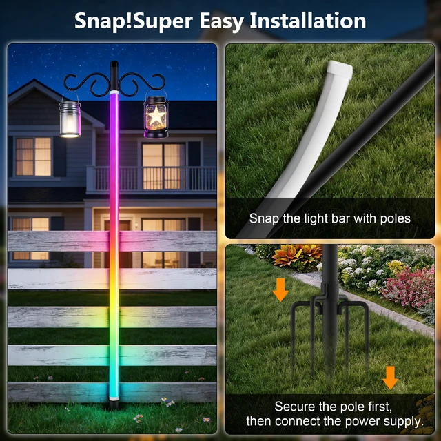 Alt view image 3 of 7 - 2-Pack 6.6FT RGB+IC Neon Ambient Light for Poles,Outdoor Clip-on Chasing Effect Lighting, Waterproof Neon Atmosphere Lights for Patio Outdoor Living Camping Party