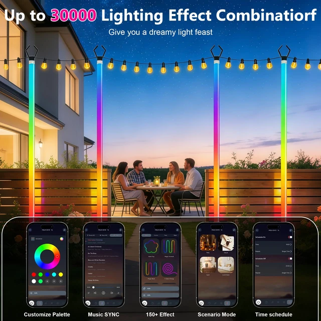 Alt view image 7 of 7 - 2-Pack 6.6FT RGB+IC Neon Ambient Light for Poles,Outdoor Clip-on Chasing Effect Lighting, Waterproof Neon Atmosphere Lights for Patio Outdoor Living Camping Party