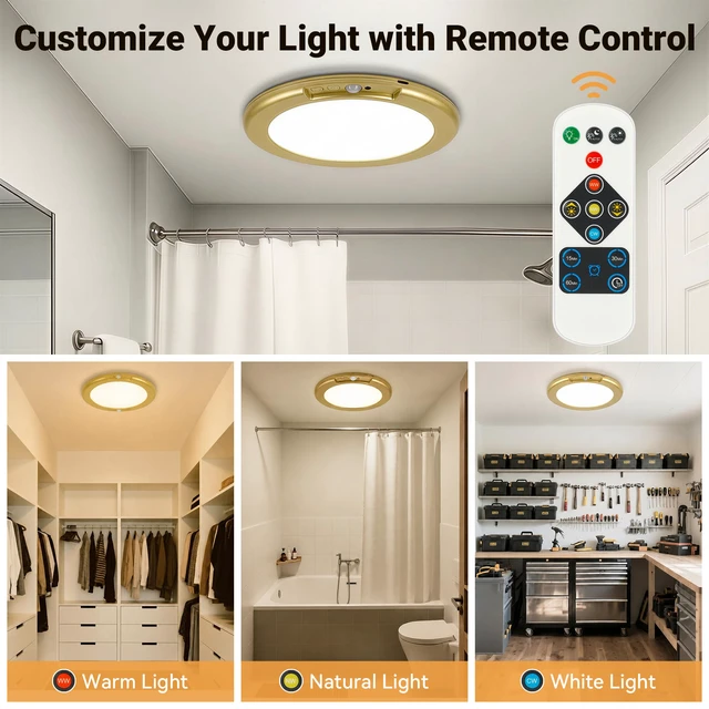 Alt view image 4 of 7 - Gold Wireless Closet Lights Motion Sensor Rechargeable Ceiling Light Indoor Battery Operated Led Night Lights for Bedroom with Remote, Living Room Bathroom Home & Kitchen Decor Lighting