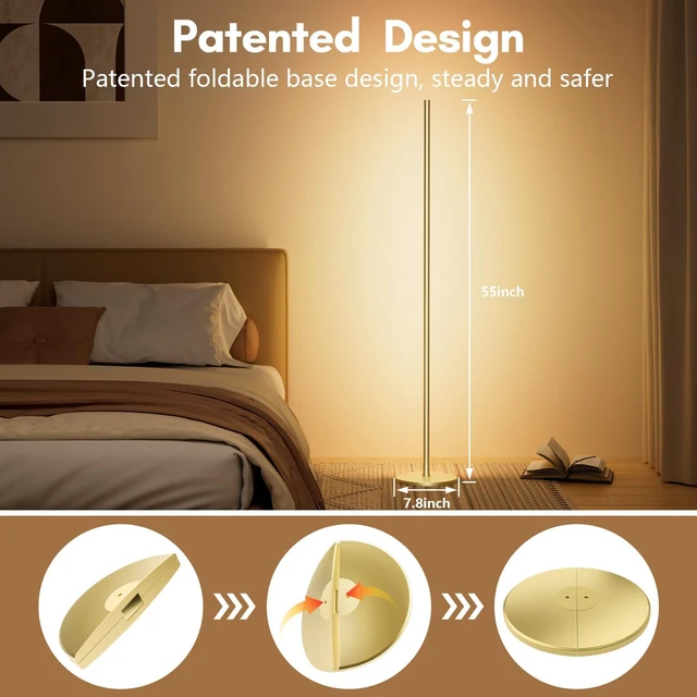 Alt view image 6 of 6 - Smart RGB+IC Corner Floor Lamp,Ambient Lighting Color Changing Standing Lamp with 16 Million DIY Colors and Music Mode, App and Remote, Bright LED Tall Lamp for Living Room, Bedroom, Gaming Room Gold