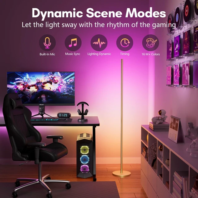 Alt view image 5 of 6 - Smart RGB+IC Corner Floor Lamp,Ambient Lighting Color Changing Standing Lamp with 16 Million DIY Colors and Music Mode, App and Remote, Bright LED Tall Lamp for Living Room, Bedroom, Gaming Room Gold