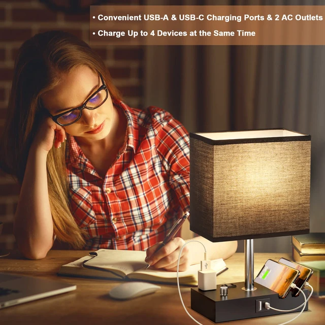 Alt view image 6 of 7 - Black Table Lamp for Bedroom - Stepless Dimmable, USB C+A, 2 AC Outlets Dimming By Rotary Knob, USB C+A Ports, 2 Phone Stands, LED Bulbs Included, Rectangle Black Lampshade, for Living Room, Desk