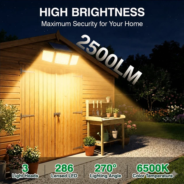Alt view image 3 of 7 - Solar Outdoor Lights Motion Sensor, 2500LM 286 LED Security Flood Lights with Visual Battery & Mode Display, 3 Lighting Modes, IP65 Waterproof 3-Head Wide Angle for Garage, Yard, Patio (2P Warm White)