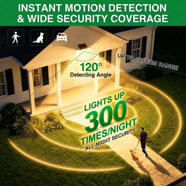 Alt view image 4 of 7 - Solar Outdoor Lights Motion Sensor, 2500LM 286 LED Security Flood Lights with Visual Battery & Mode Display, 3 Lighting Modes, IP65 Waterproof 3-Head Wide Angle for Garage, Yard, Patio (2P Warm White)