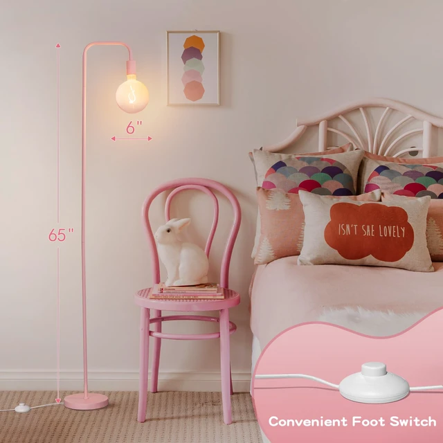 Alt view image 4 of 5 - Pink Floor Lamp for Bedroom, Cute Standing Lamp with LED Bulb, Translucent Pink Globe Glass 2700k Warm Lighting. Globe Floor Lamp for Livingroom, Bedroom,Office
