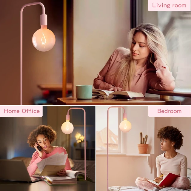 Alt view image 5 of 5 - Pink Floor Lamp for Bedroom, Cute Standing Lamp with LED Bulb, Translucent Pink Globe Glass 2700k Warm Lighting. Globe Floor Lamp for Livingroom, Bedroom,Office