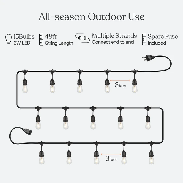 Alt view image 3 of 7 - Ambience Pro - Waterproof LED Outdoor String Lights - 15 Hanging, Dimmable 2W Vintage Edison Bulbs - 48 Ft Commercial Grade Patio Lights Create Cafe Ambience in Your Backyard