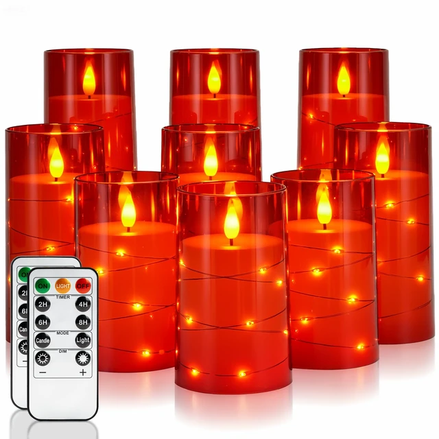 Main image of Flickering Flameless Candles, Red LED Pillar Candles with Remote 9 Pack Christmas Candles Battery Operated with Timer and Embedded Star String Lights for New Year & Indoor Holiday Home Decor