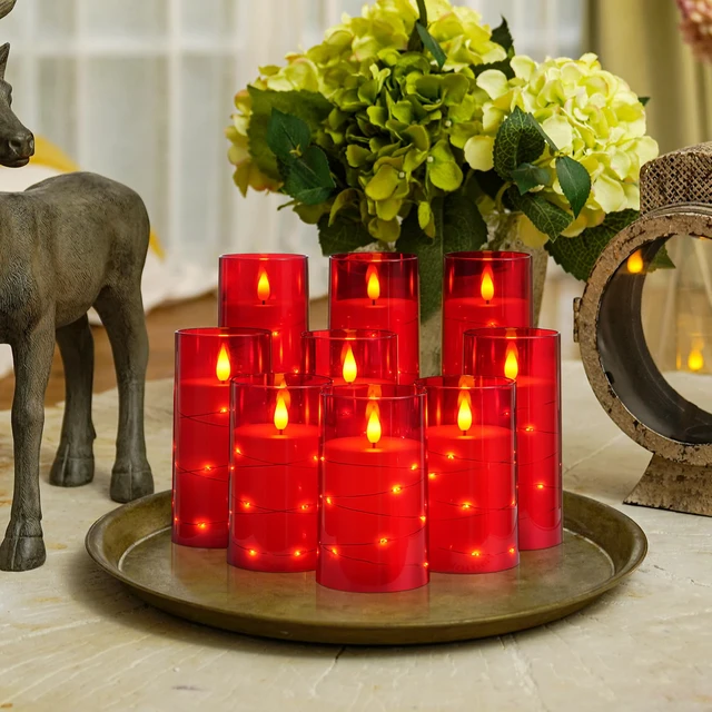 Alt view image 2 of 7 - Flickering Flameless Candles, Red LED Pillar Candles with Remote 9 Pack Christmas Candles Battery Operated with Timer and Embedded Star String Lights for New Year & Indoor Holiday Home Decor