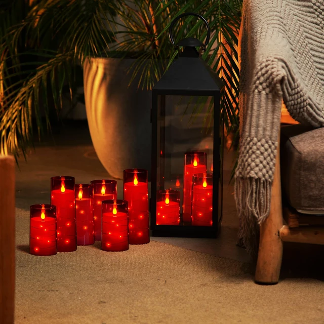 Alt view image 3 of 7 - Flickering Flameless Candles, Red LED Pillar Candles with Remote 9 Pack Christmas Candles Battery Operated with Timer and Embedded Star String Lights for New Year & Indoor Holiday Home Decor