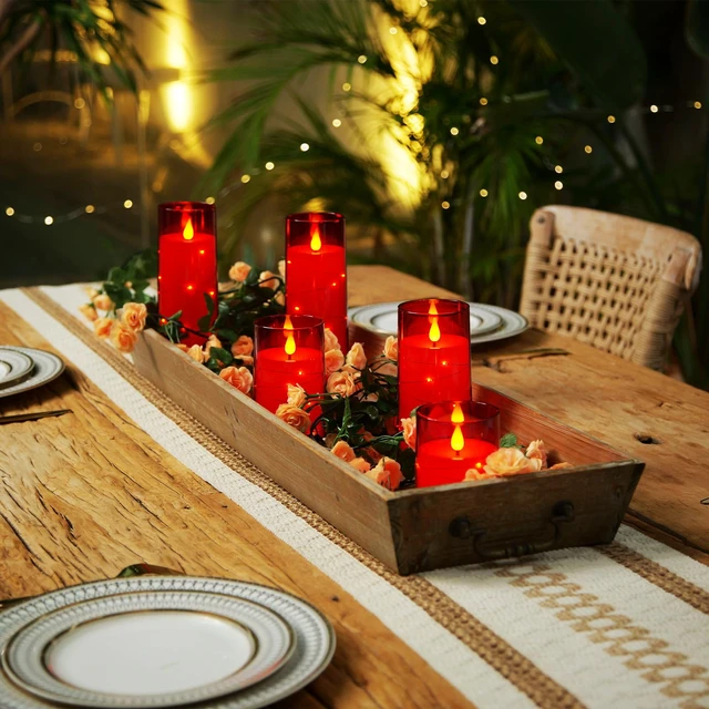 Alt view image 4 of 7 - Flickering Flameless Candles, Red LED Pillar Candles with Remote 9 Pack Christmas Candles Battery Operated with Timer and Embedded Star String Lights for New Year & Indoor Holiday Home Decor