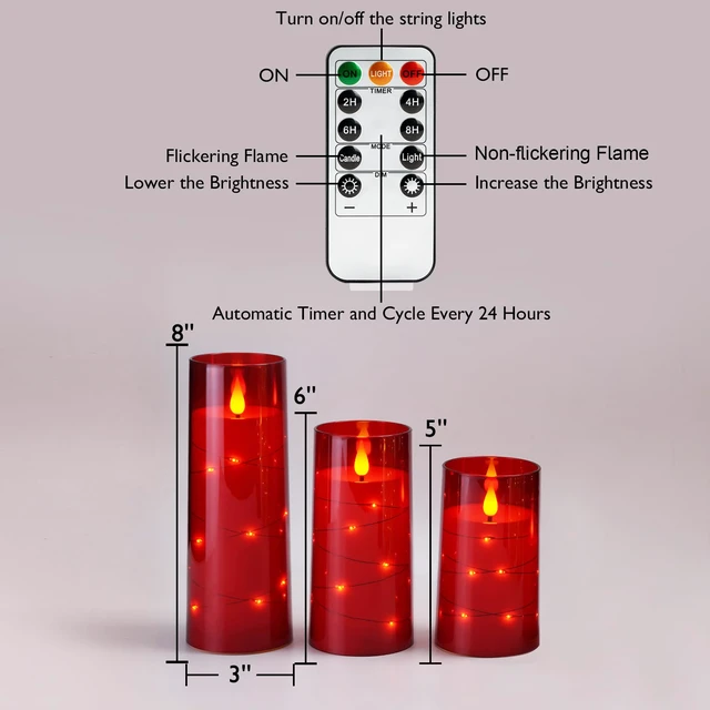 Alt view image 6 of 7 - Flickering Flameless Candles, Red LED Pillar Candles with Remote 9 Pack Christmas Candles Battery Operated with Timer and Embedded Star String Lights for New Year & Indoor Holiday Home Decor