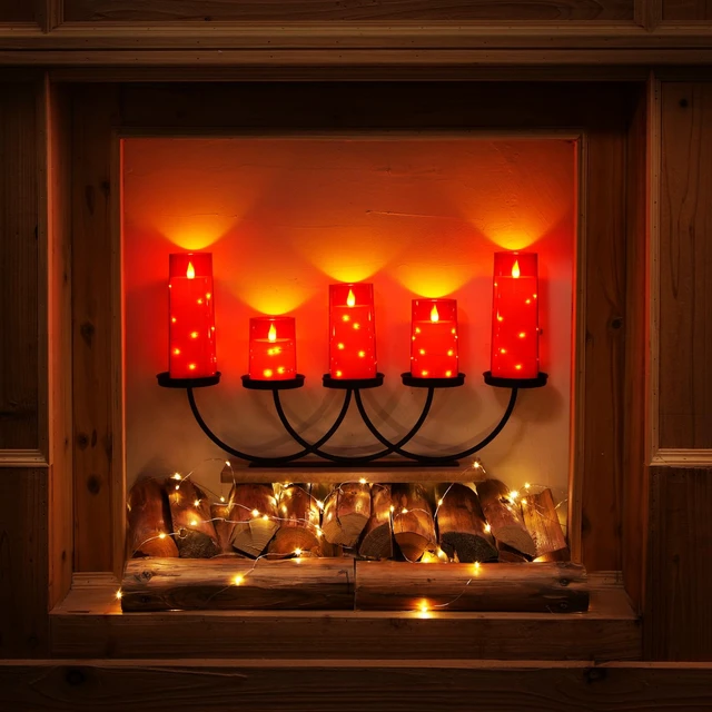 Alt view image 7 of 7 - Flickering Flameless Candles, Red LED Pillar Candles with Remote 9 Pack Christmas Candles Battery Operated with Timer and Embedded Star String Lights for New Year & Indoor Holiday Home Decor