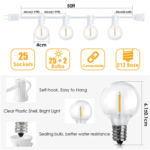 Alt view image 4 of 7 - 50Ft Outdoor String Lights, G40 Globe Patio Lights with 25+2 Waterproof Shatterproof LED Bulbs for Balcony Porch Bistro Deck-White Wire