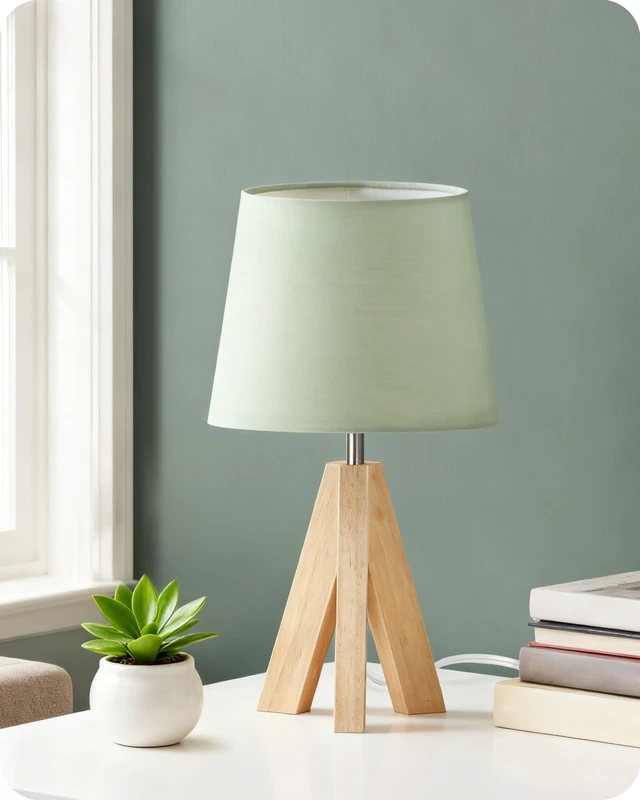 Main image of Tripod Table Lamp, Small Bedside Lamp with Wood Base & Green Fabric Shade, Little Cute Desk Lamp, Modern Nightstand Lamp for Bedroom, Kids Room, Living Room, Office, Corner, Green J51TL05