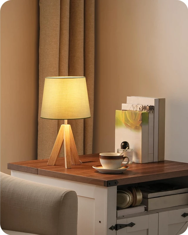 Alt view image 2 of 7 - Tripod Table Lamp, Small Bedside Lamp with Wood Base & Green Fabric Shade, Little Cute Desk Lamp, Modern Nightstand Lamp for Bedroom, Kids Room, Living Room, Office, Corner, Green J51TL05