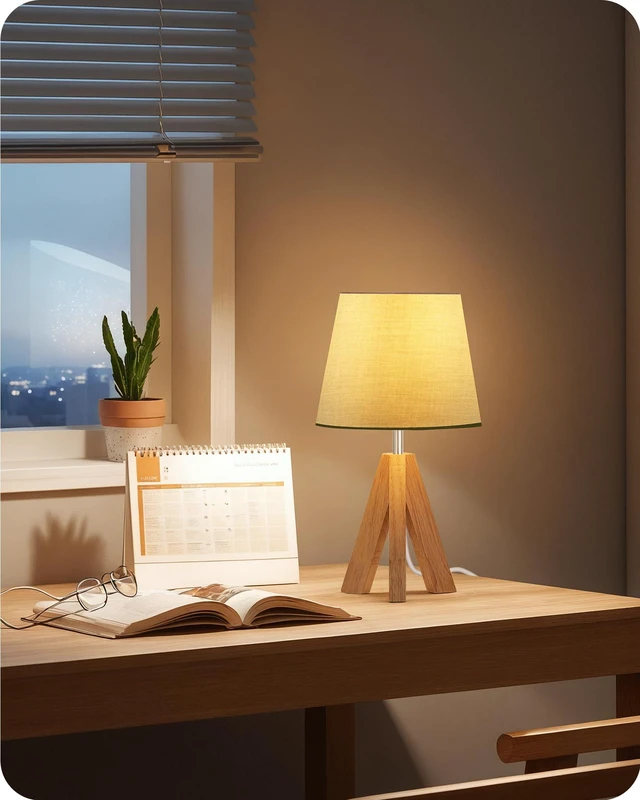 Alt view image 3 of 7 - Tripod Table Lamp, Small Bedside Lamp with Wood Base & Green Fabric Shade, Little Cute Desk Lamp, Modern Nightstand Lamp for Bedroom, Kids Room, Living Room, Office, Corner, Green J51TL05