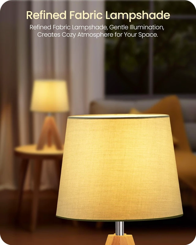Alt view image 4 of 7 - Tripod Table Lamp, Small Bedside Lamp with Wood Base & Green Fabric Shade, Little Cute Desk Lamp, Modern Nightstand Lamp for Bedroom, Kids Room, Living Room, Office, Corner, Green J51TL05