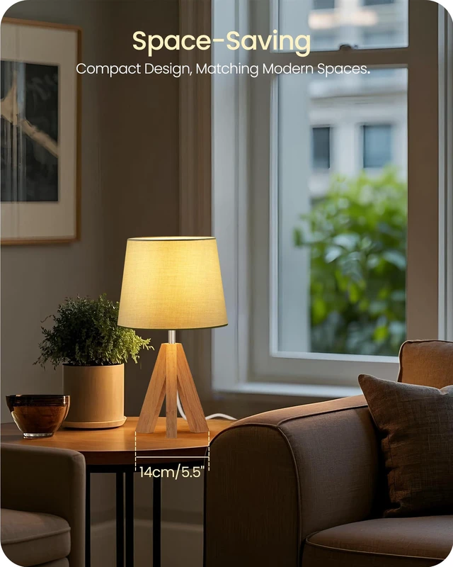 Alt view image 6 of 7 - Tripod Table Lamp, Small Bedside Lamp with Wood Base & Green Fabric Shade, Little Cute Desk Lamp, Modern Nightstand Lamp for Bedroom, Kids Room, Living Room, Office, Corner, Green J51TL05
