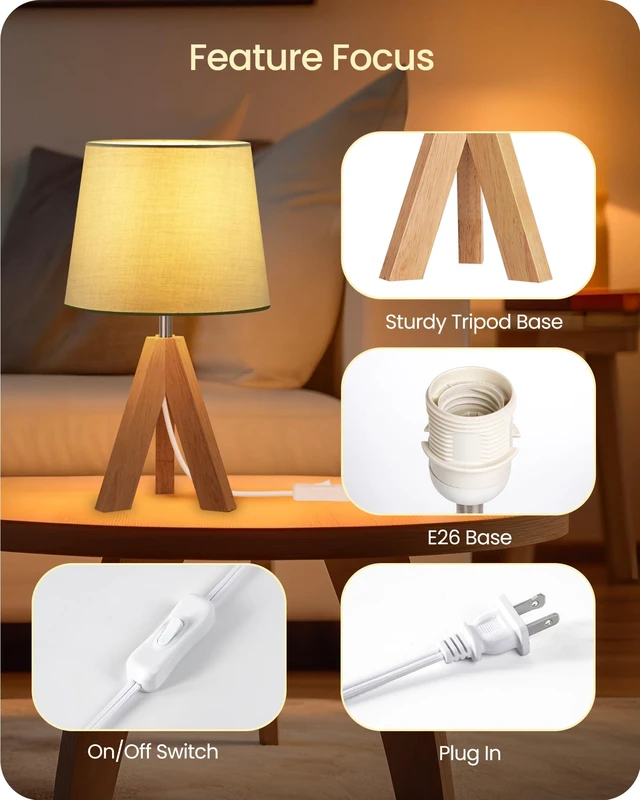 Alt view image 5 of 7 - Tripod Table Lamp, Small Bedside Lamp with Wood Base & Green Fabric Shade, Little Cute Desk Lamp, Modern Nightstand Lamp for Bedroom, Kids Room, Living Room, Office, Corner, Green J51TL05