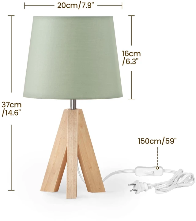 Alt view image 7 of 7 - Tripod Table Lamp, Small Bedside Lamp with Wood Base & Green Fabric Shade, Little Cute Desk Lamp, Modern Nightstand Lamp for Bedroom, Kids Room, Living Room, Office, Corner, Green J51TL05