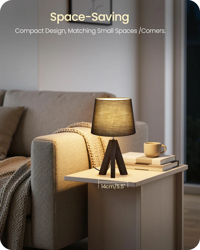 Alt view image 2 of 7 - Small Table Lamp for Bedroom, 14.6" Bedside Lamp with Black Linen Shade & Walnut Wood Tripod Base, Modern Nightstand Lamp, Blak Lamp for Living Room, Nursery, Entryway, E26 Socket, VB51TL05